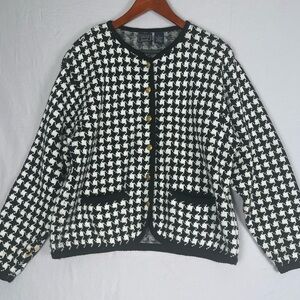 Vintage Houndstooth Knit Cardigan Sweater Lady Jacket Women’s Large Black White